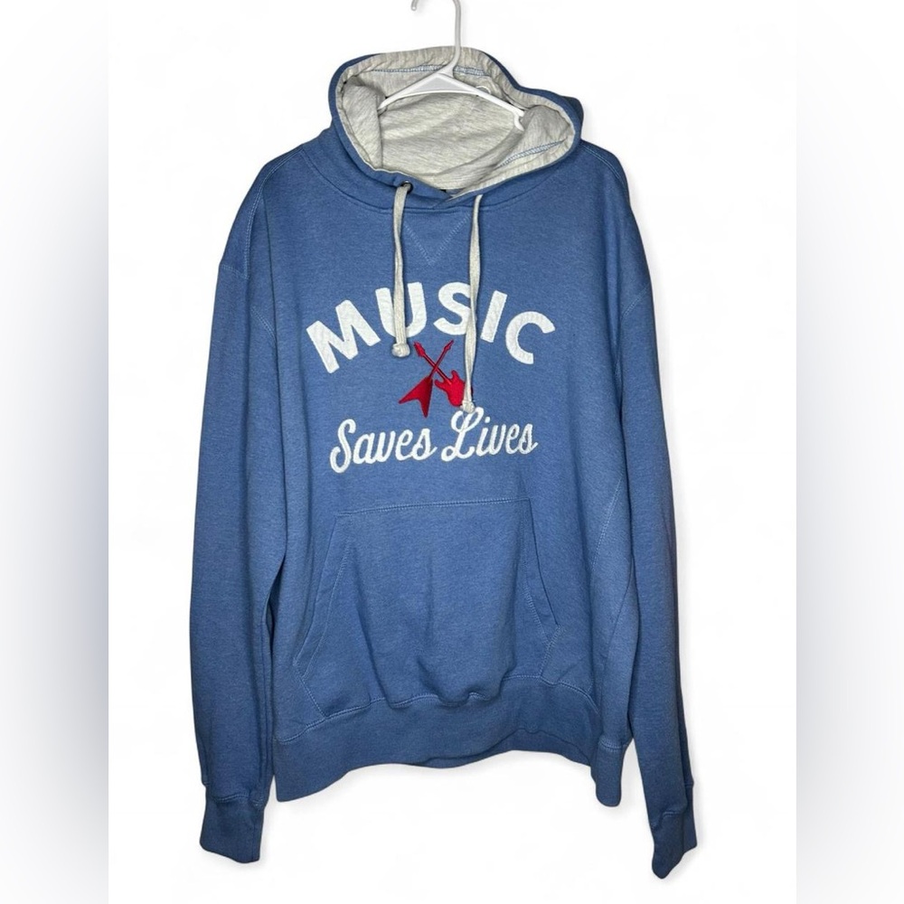 Vintage Signature Blue Hoodie with Music Saves Lives Graphic